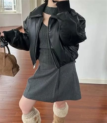 Women's Retro Lapel Zipper Spliced ​​Leather Jacket Large Long Sleeve Double Pocket Jacket Street Jacket3