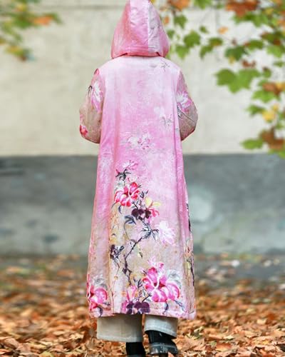 LUZU JUNU Women's Winter Hooded Long Outwear Floral Printed Coat Windbreaker Vintage Frog Button Fleece Lined Warm Overcoat4