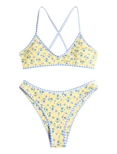 Image of ZAFUL Women's Tie Back Padded High Cut Bralette Bikini Set Two Piece Swimsuit