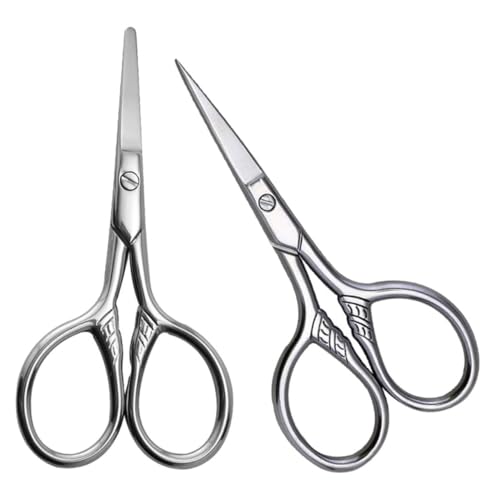 LRXIYODE 2個 男性用ビアードシザーズ 小型ステンレス製眉毛 鼻毛 ひげトリミングはさみ 丸頭 尖頭付き 精密カット用グルーミングツール