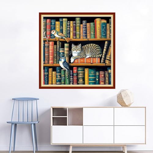 Image of Joyhoor Cross Stitch Kits for Beginners Stamped Cross-Stitch Supplies Needlework preprint Embroidery Kits for Adults DIY Needlepoint Kits Embroidery Patterns 11CT-Cat Bookshelf 18x18 inchs