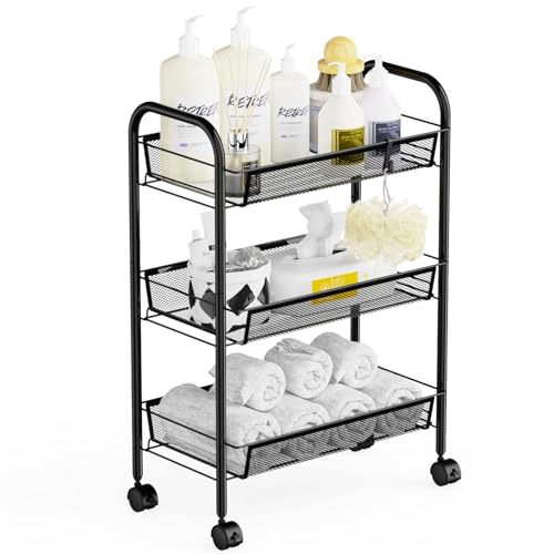 WELDUN Carro de Almacenamiento Delgado, Organizador de Almacenamiento de Carro rodante de 3 Niveles, portátil, Estable, para Dormitorio, Cocina, Negro