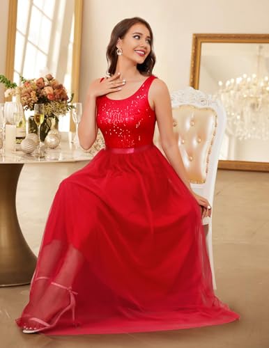 Image of BeryLove Sequin Dress for Woman Vintage A Line Wedding Formal Swing Mesh Dress Sleeveless Cocktail Maxi Gowns