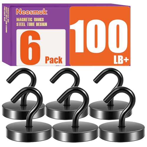 Neosmuk - Neosmuk Black Magnetic Hooks,100lb+ Heavy Duty Earth Magnets with Hook for Refrigerator, Extra Strong Cruise Hook for Hanging, Magnetic Hanger for Curtain, Grill (Black, Pack of 6)