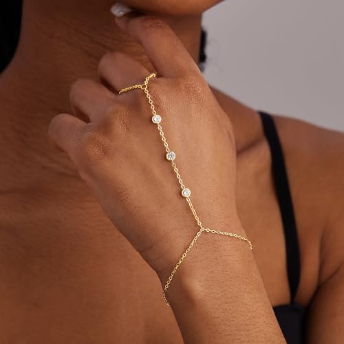 gelbesty Hand Chain Bracelets for Women, 14K Real Gold CZ Diamond Bezel Beaded Bracelets, Dainty Adjustable Bracelets for Women Trendy Waterproof, Jewelry Gifts for Women3