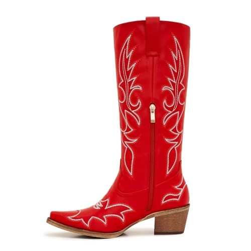 Image of Uillnoodu Women's Turquoise Cowgirl Boots - Wide Calf Mid Calf Western Boots Plus Size Embroidered Cowboy Style with Block Heel