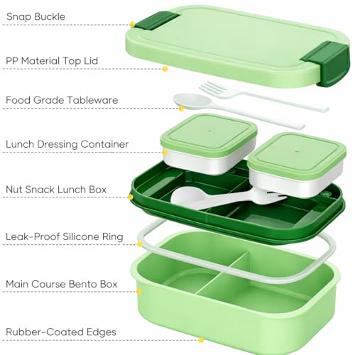 Image of YELONA Lunch Box for Office & Kids 1900ML | Double Layer Leakproof Bento Box with 5 Compartments | Microwave Safe, Built-in Spoon & Fork, BPA Free Tiffin Box - Green