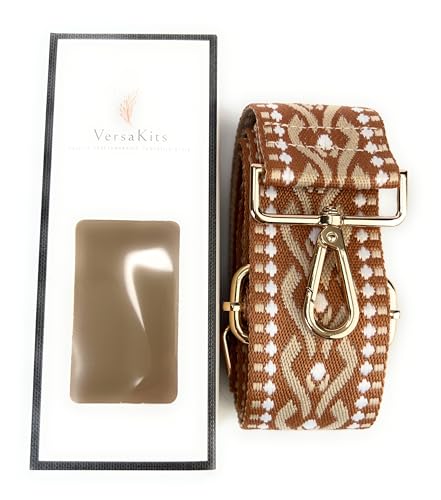 Image of Brown Beige Geometric Jacquard Purse Strap with Light Gold Hardware 2 Inch Wide Replacement Crossbody Guitar Style Shoulder Strap for Handbags Totes