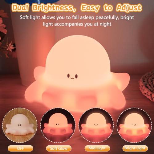 Ainiv Octopus Night Light, Cute Silicone Octopus Lamp for Kids USB Rechargeable Bedside Lamp, 3 Levels Brightness - Image 3
