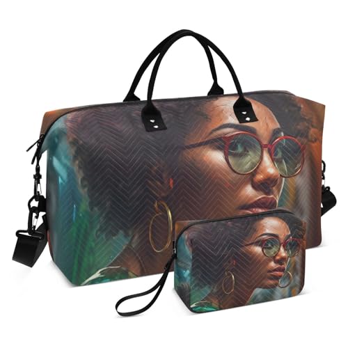 Large Travel Duffel Bag, Afro American Woman Sports Tote Gym Bag, Shoulder Weekender Overnight Bag for Women Men, Carry On Luggage with Toiletry Bag