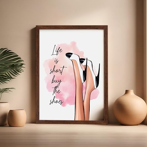 Image of Poster Master Life is Short Buy The Shoes Poster - Fashion Print - Trendy Art - Modern Art - Gift for Her & Fashionista - Luxury Haute Couture Decor for Bedroom or Girls Room, 16x20 Brown Framed