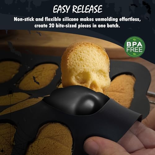 Image of HKNMTT Skull Silicone Molds for Halloween Baking Pizza Cake Pan Small Spooky Head Tray Reusable Food Grade Nonstick Bakeware for Oven Safe Horror Treats 6 Cavity Skeleton Mould