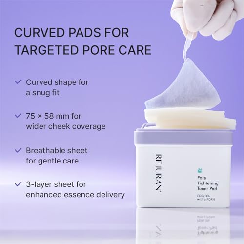 Image of REJURAN Pore Tightening Toner Pads, 60 Count, PDRx 3% with DOT c-PDRN and AHA BHA PHA for Pore Care and Smoother-Looking Skin, Korean Skincare