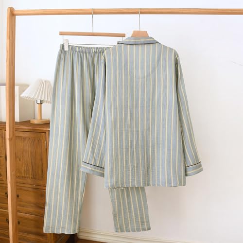 Cambkatl Men's Cotton Pajamas Set Casual Striped Long Sleeve Button Down Shirts and Long Pants Comfy Loose 2 Piece Loungewear3