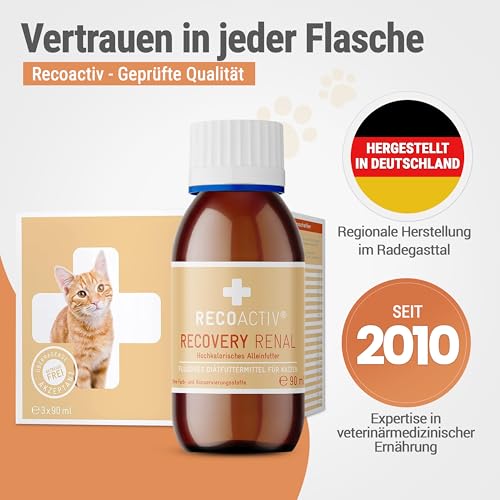 RECOACTIV Recovery Renal für Katzen, 3 x 90 ml, hochkalorisches Diät-Alleinfuttermittel bei Nierenfunktionsstörungen und erhöhtem Energiebedarf in der Rekonvaleszenz, zur Gewichtszunahme