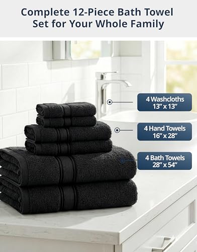 Image of Lane Linen Luxury Bath Towels Set - 12 Piece Set, 100% Cotton, Zero Twist, Quick Dry Shower Towel, Absorbent Towel, Super Soft, 4 Bath Towels, 4 Hand Towels, 4 Wash Cloths - Black