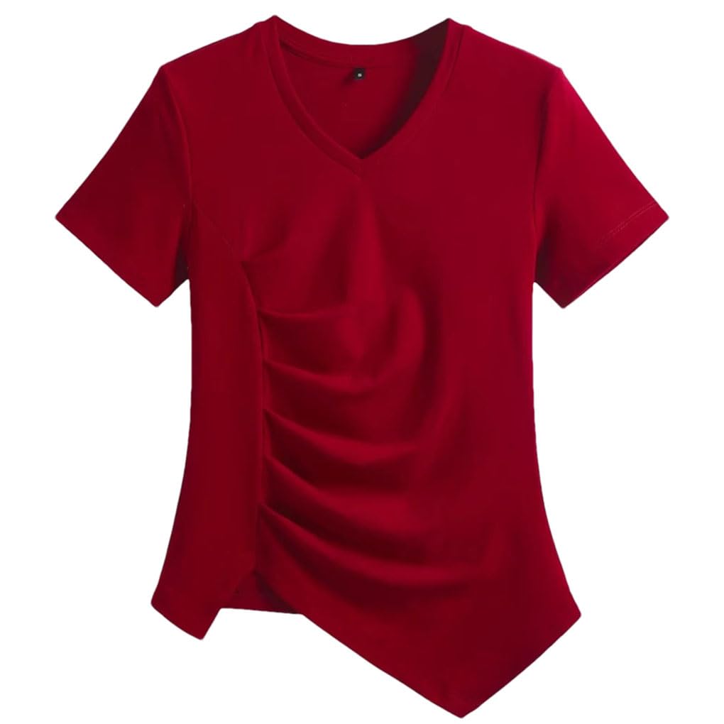 Maglietta a maniche corte da donna con scollo a V a pieghe casual
