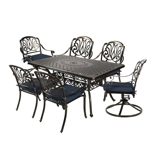 Image of MEETWARM 7-Piece Outdoor Patio Dining Set, All-Weather Cast Aluminum Patio Conversation Set with 2 Swivel Rocker Chairs, 4 Stationary, 1 Rectangular Table, 6 Cushions, 2 inch Umbrella Hole, Navy Blue