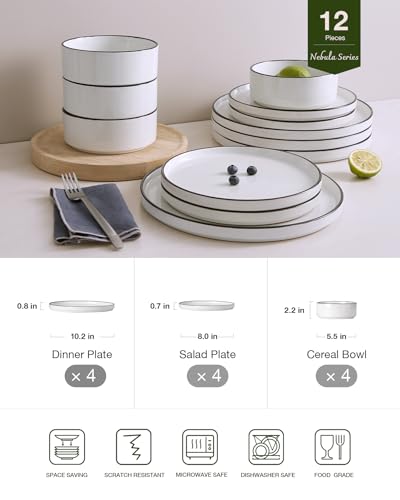 Image of Famiware Nebula Plates and Bowls Sets for 4, 12 Pieces Stoneware Dinnerware Set, Microwave and Dishwasher Safe Dishes Set, White with Black Rim