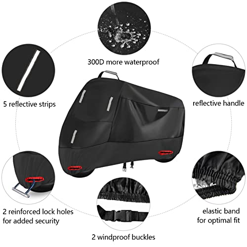 Seceles 300D Motorcycle Cover, Heavy Duty Durable Waterproof Outdoor All Season Protection Scooter Cover With 5 Reflective Strips And 2 Lock-Holes Fits Up To 96" Kawasaki Yamaha Honda Harley (Xxl) #TOP1