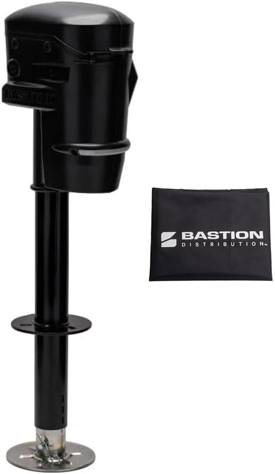 Bastion Distribution Electric Tongue Jack & Cover | A-Frame | 5000 Pound Capacity | 12 Volts | Weather Shell, Panoramic LED & Steel Gears | Twist Mount | Manual Crank | RVs Trailers Campers