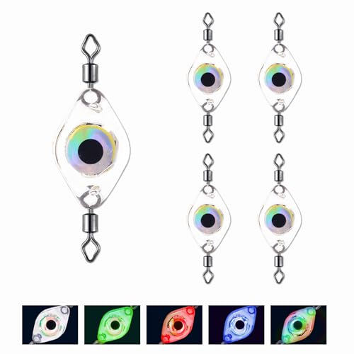Compact LED Fishing Lure Light, 5PCS Auto On/Off Water-Activated Flasher Kit with Multi-Color Flash for Deep Sea, Freshwater & Saltwater Halibut Rig (Double Ring)
