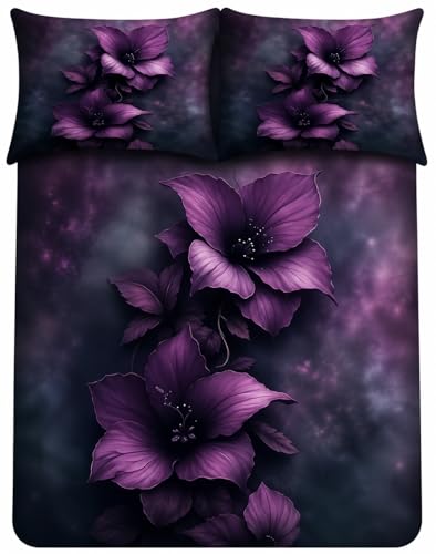 Image of 7D Digital Printed King Size Bedsheet | 240TC Premium Cotton Feel Microfiber with 2 Pillow Covers | Soft Breathable & Wrinkle Free Bedding Set | (Purple, King Size-225x250CM)