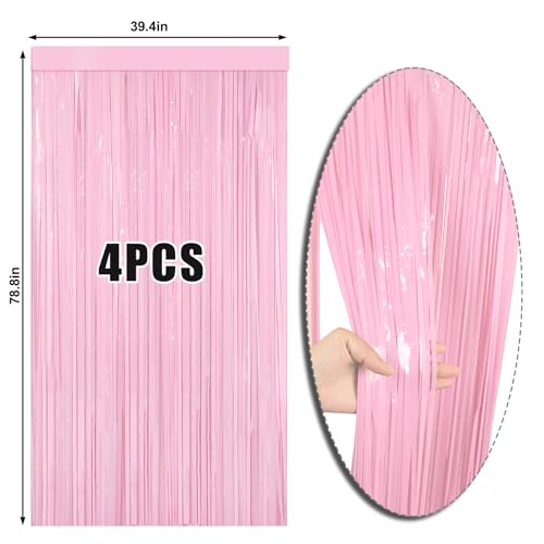 Image of 4 Packs Pastel Pink Foil Fringe Curtain, Baby Pink Metallic Tinsel Backdrop for Birthday, Wedding, Baby Shower, Princess Bachelorette Cowgirl Bow Party Decorations Supplies