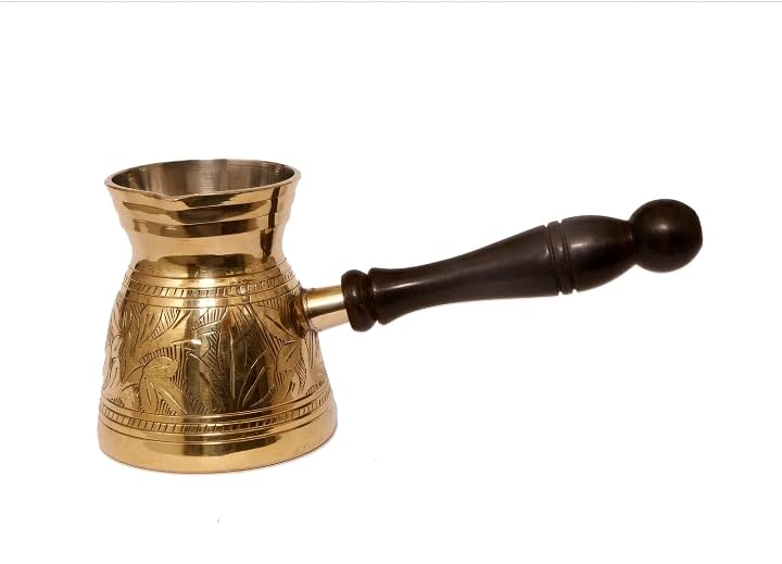 Image of RM Metals Handcrafted Brass Turkish Coffee Pot (Cezve) | Embossed Traditional Design | Wooden Handle | Metal Coffee Maker for Arabic, Greek & Turkish Coffee, Home Brewing & Gifting