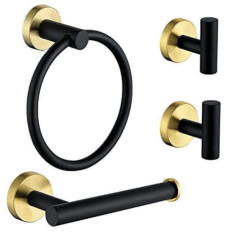 Ntipox 4 Piece Stainless Steel Matte Black and Brushed Gold Bathroom Hardware Set Include Hand Towel Ring Holder