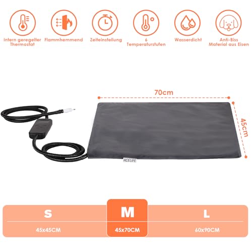 ACELIFE Haustier Heizkissen für Hund, Katze Heizmatte Timing & Temperatur Einstellbar Sicher Heizdecke Wärmematte Hundekissen Hundebett für Hundehütte Katzenhütte Kaninchen Haustier 45x70 cm