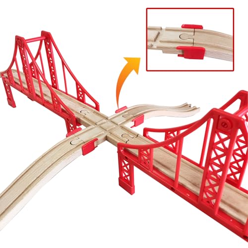 Bunu1492 Wooden Train Track Accessories Set, Double Big Red Suspension Bridges Set, Compatible with All Major Brands Track, Christmas Birthday Gift for Boys Girls, Toys Expansion Pack for Kids Ages 3+