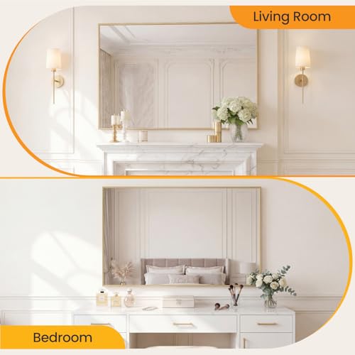 Image of Sweetcrispy Bathroom Mirror for Over Sink, 30 inch x 48 inch Rectangle Wall Mount Mirrors with Metal Frame, Modern Vanity Mirror with Tempered Glass, for Home Decor, Anti-Rust, Gold