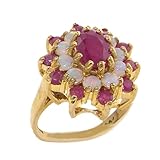 Echt Steine Schöne 3 Tier Cluster Damen Ring 9 Karat Gold Gelbgold Rubin & Opal - Verfügbare Größen : 50 bis 64