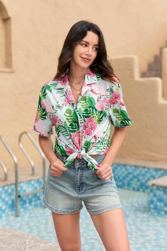 Image of SANGTREE Girls & Women's Hawaiian Shirts Button Down Short Sleeve Floral Tropical Shirt Beach Vacation Blouse Tops