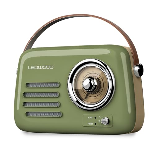 Radio Rétro Portable Ledwood Alma, FM, Bluetooth Entrée USB, Puissance 30W - Batterie 3,7V-1500mAh - Retro Vintage - Vert Olive