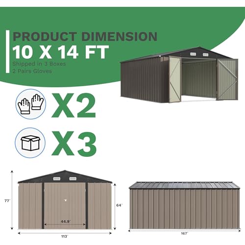 Image of Patiowell 10x14 FT Storage Shed, Outdoor Metal Steel Garden Shed with Lockable Door and Sloping Roof, Large Outside Utility Tool Sheds for Backyard Garden Patio, Brown