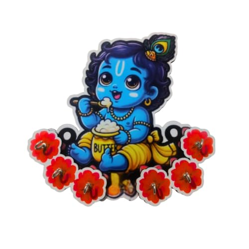 Image of Cute Krishna Wall-Mounted Key Holder, Peacock Feather & Floral Art, 20x25 cm, 7 Hooks, Pink UV Printed Design, Decorative Key Stand - Home & Office (Red Blue Krishna)
