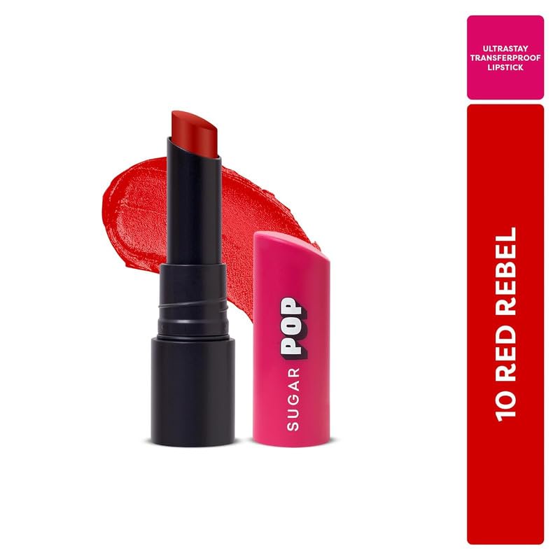 Image of SUGAR POP Ultrastay Transferproof Glossy Lipstick 10 Red Rebel - 4 Gms - Enriched With Vitamin E | Smooth Glide | Waterproof | Longlasting|Moisturizing Lipstick