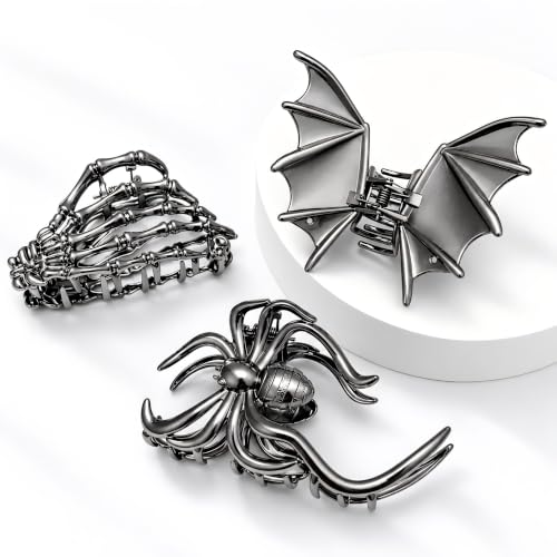 Parcce 3 PCS Halloween Hair Clips for Women, Gothic Bat Wing, Spider and Skeleton Hand Claw Clips, Gunmetal Goth Accessories, Strong Hold Halloween Hair Accessories, Spooky Skull Costume Party Gifts - image 4
