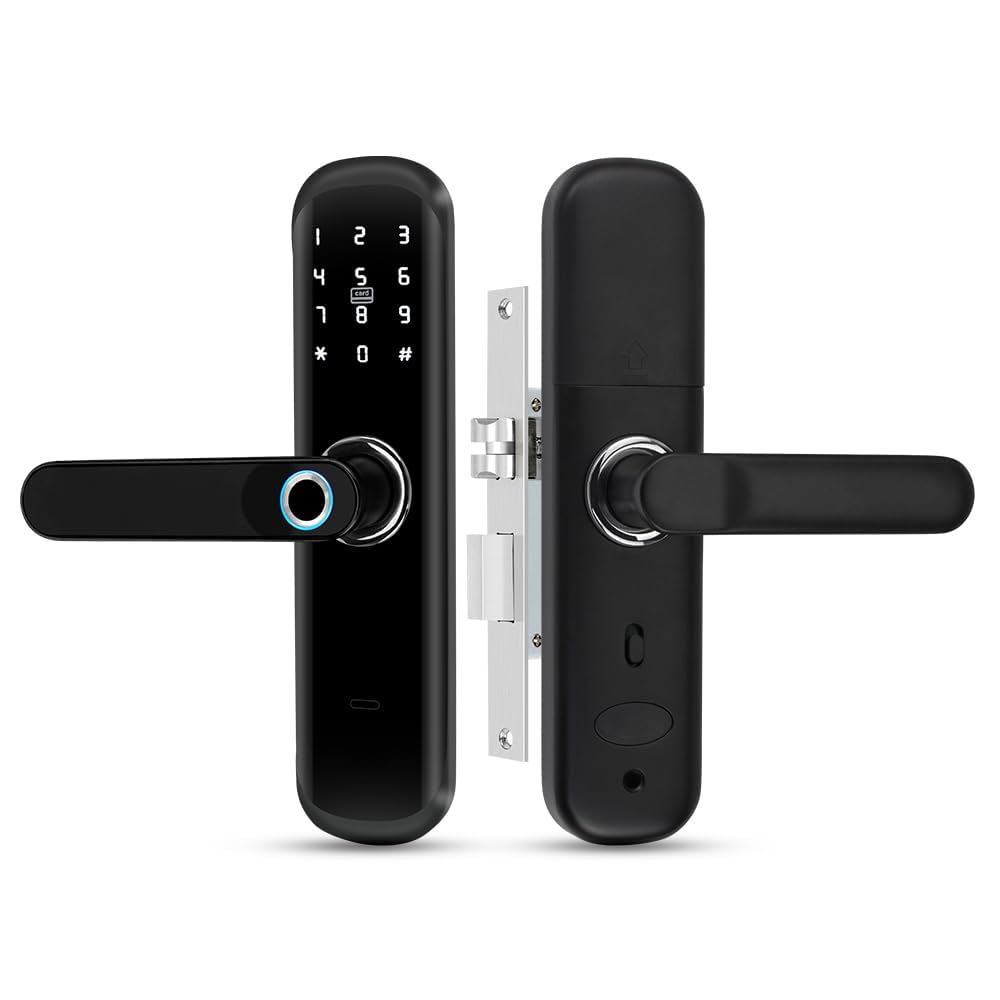Fingerprint Smart Door Lock with Handle, 5-in-1 Keyless Entry Door Lock with Tuya App, Passcode, IC Card, Mechanical Key and Bluetooth, Electronic Mortise Lock for Aluminum and Wooden Doors