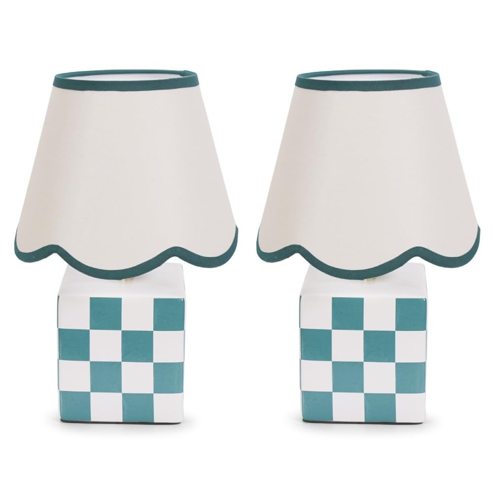 ValueLights | Pair of - Forest Green Cube Checkered Base Ceramic Table Lamp with Scallop Tapered Lampshade Bedside Light | Table Lamps & Home Improvements Essential