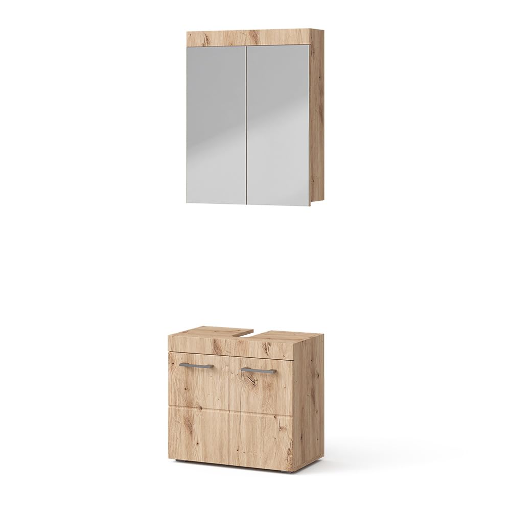 Vicco Set mobili bagno Luna, Quercia Wotan, 60 cm, composto da specchio da bagno e mobile sottolavabo