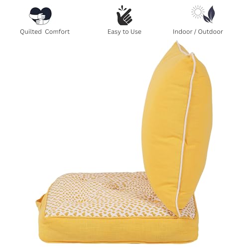 Image of Yellow Woven Quilted Floor Cushion Set 60x60x10 CM with Fillers & Back Cushion, Large Size for Seating, Patio Seat, Meditation, Yoga, Pooja, Guests, Living 24x24x4 Inch