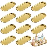Oqqlin 12 Pcs Gold Decorative Tray, 7 x 3.5 Inch Oval Gold Vanity Tray Metal Bathroom Jewelry Trays Stainless Steel Serving Trays for Jewelry, Perfume, Snack, Food