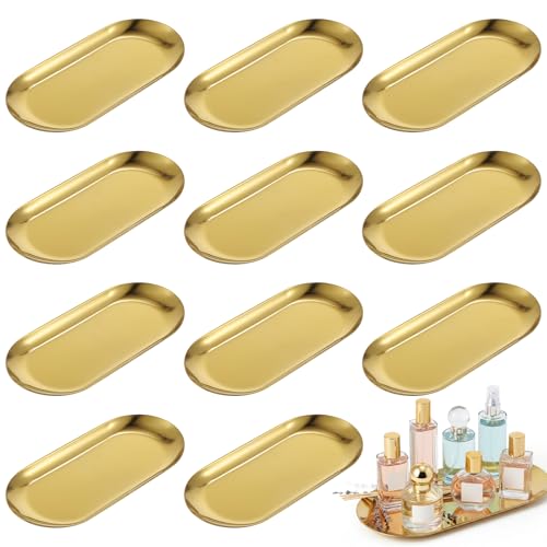 Oqqlin 12 Pcs Gold Decorative Tray, 7 x 3.5 Inch Oval Gold Vanity Tray Metal Bathroom Jewelry Trays Stainless Steel Serving Trays for Jewelry, Perfume, Snack, Food