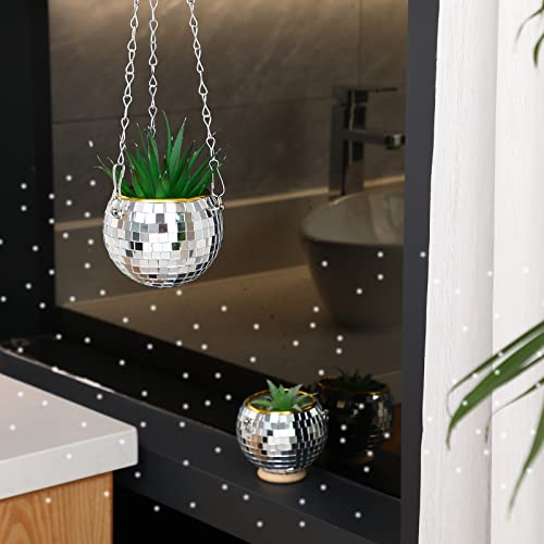 Remerry 6 Pcs Disco Ball Planter Mirror Ball Boho Hanging Planter Flower Pots Vase With Chain And Wooden Rings For Indoor Outdoor Plants Succulents Cacti Flowers Home Decorations (Silver,4 Inch) #TOP1
