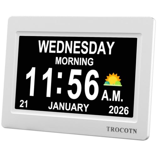 TROCOTN Dementia Clock Digital Clock with Date and Day for Elderly Use Large Display with Auto-Dimming for Bedroom and Living Room (7 Inches White)