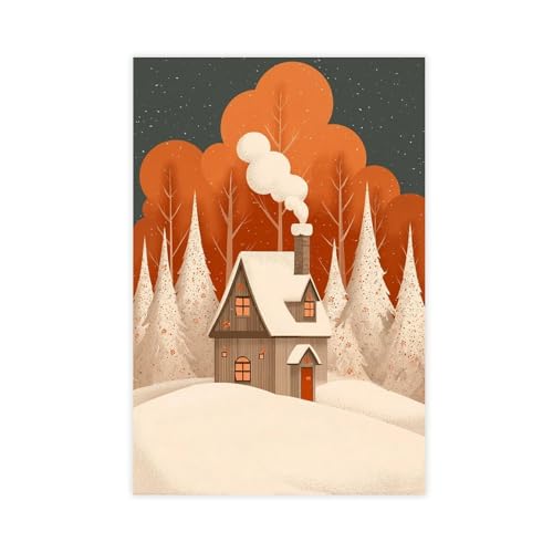 JDBeehpy Warm Winter Farmhouse Snow Scenery Wall Art Canvas Print Decor Painting Chimney Emitting Smoke Cartoon Poster Happiness Frameless Mural for Kitchen 20x30inch(50x75cm)