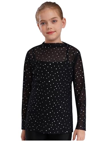 YEAHDOR Kids Girls Glittery Sheer Mesh Tops Long Sleeve Shiny Rhinestones Tee Shirts Blouses Dance Tops